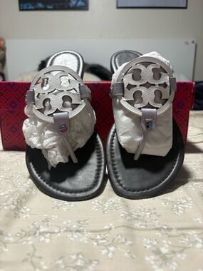 Tory Burch White Logo Thong Sandals